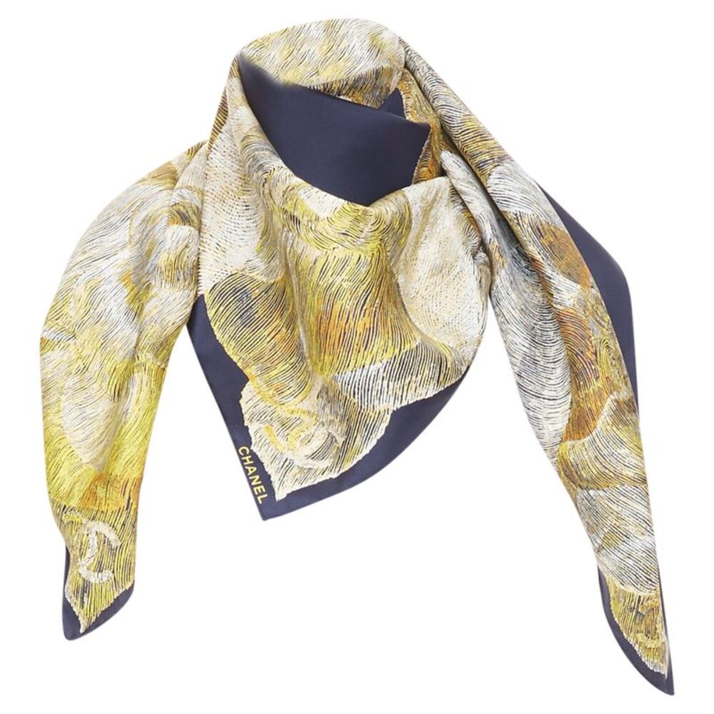 Chanel Blue Silk Twill Camellia Scarf
